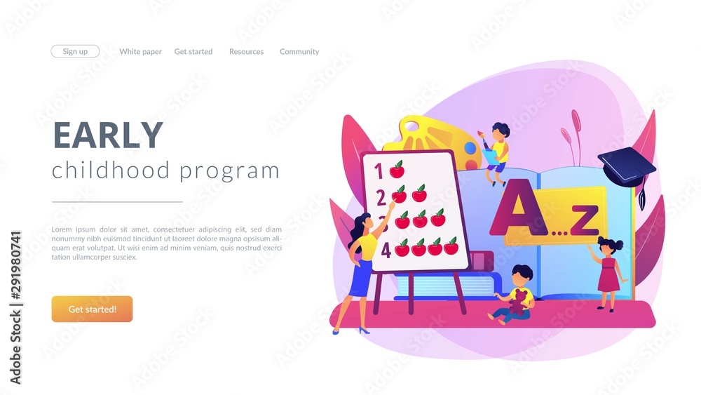 Fototapeta premium Primary school. Elementary grade pupils studying arithmetic and alphabet. Early education, early childhood program, early education center concept. Website homepage landing web page template.