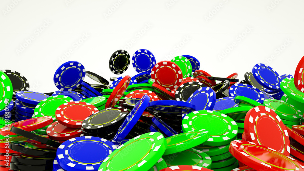 Multi-colored stacks of casino chips on a white background. 3d rendering illustration