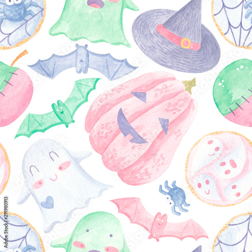 Watercolor cute seamless Halloween pattern with pumpkin, ghost, bat, candy, cookie on white background. Bright cartoon pattern for Halloween