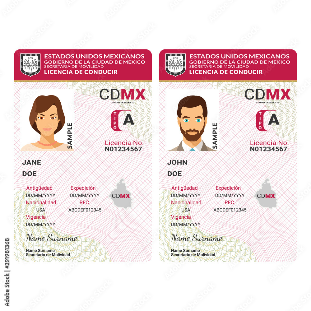 Vector template of toy driver license plastic card for Mexico Stock