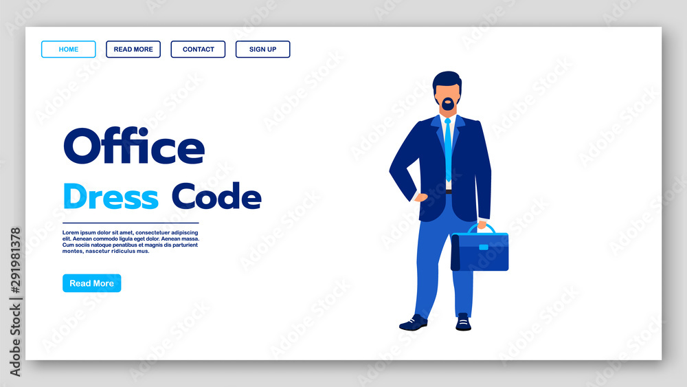 Office dress code landing page vector template. Business fashion website interface idea with flat illustrations. Corporate apparel style homepage layout. Formal clothing web banner cartoon concept