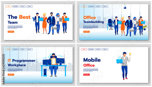 Business landing page vector templates set. Team building website interface idea with flat illustrations. IT programmer workplace homepage layout. Mobile office web banner, webpage cartoon concept