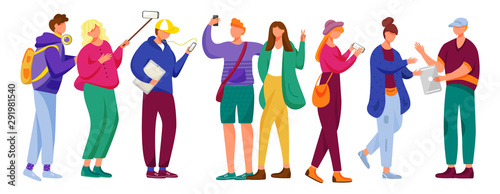 Teenager culture flat vector illustration. Millennials. Students. Cheerful friends. Stylish girls and guys. Young caucasian people standing, talking, using gadgets isolated cartoon character on white