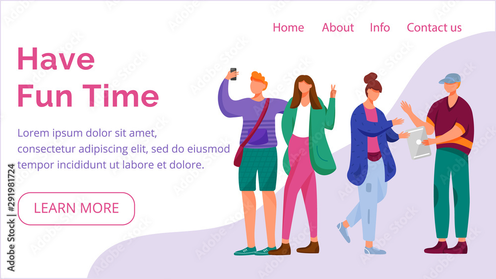 Have fun time landing page vector template. Millennials website interface idea with flat illustrations. Blogging homepage layout. Teens lifestyle web banner, webpage cartoon concept