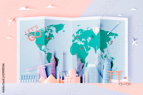 Various travel attractions in paper art style