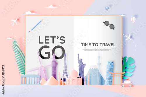 Various travel attractions in paper art style