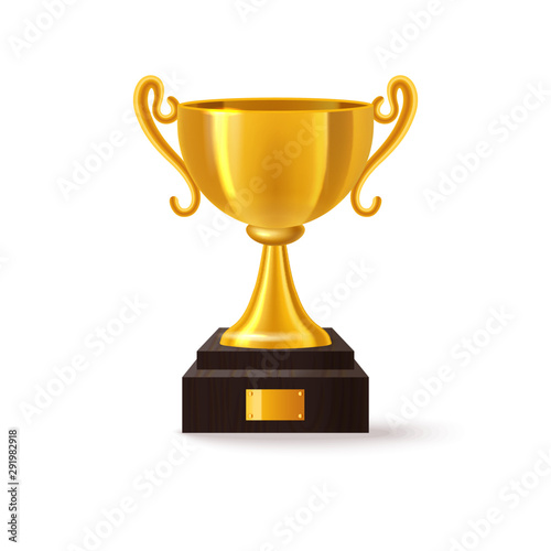 Stand with golden 3d trophy, realistic winner cup
