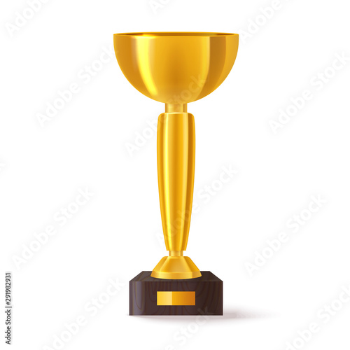 Realistic golden trophy or sport cup on stand