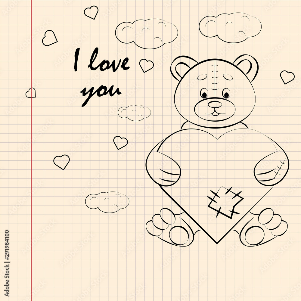 contour childrens illustration little bear hugs heart with I love you drawn on a notebook in the box