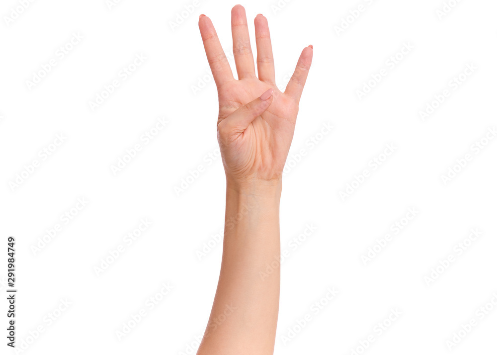 Female hand showing 4 fingers gesture, isolated on white background. Beautiful hand of woman with copy space. Hand doing gesture of number Four. Series of photos count from 1 to 5. Female hand showing 4 fingers gesture, isolated on white background. Beautiful hand of woman with copy space. Hand doing gesture of number Four. Series of photos count from 1 to 5.