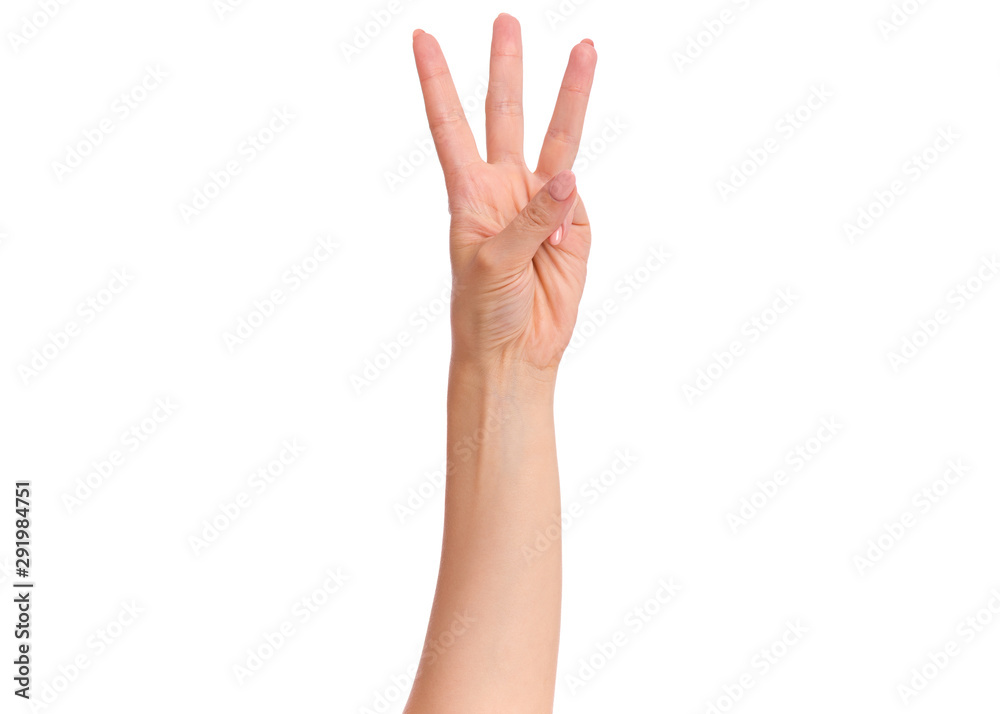 Female hand showing 3 fingers gesture, isolated on white background. Beautiful hand of woman with copy space. Hand doing gesture of number Three. Series of photos count from 1 to 5. Female hand showing 3 fingers gesture, isolated on white background. Beautiful hand of woman with copy space. Hand doing gesture of number Three. Series of photos count from 1 to 5.