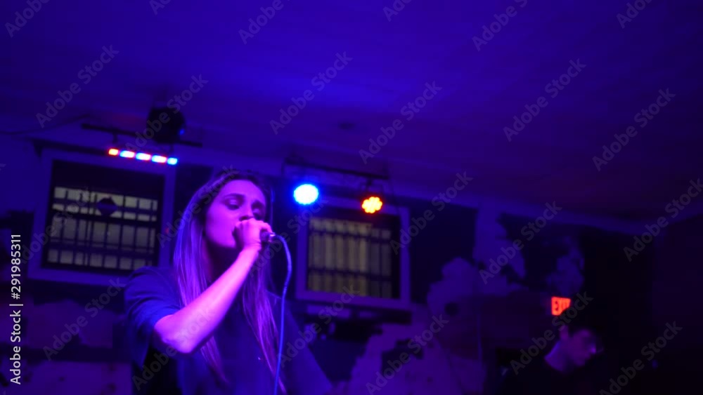 A young independent artist sings with her band at her first concert A young independent artist sings with her band at her first concert