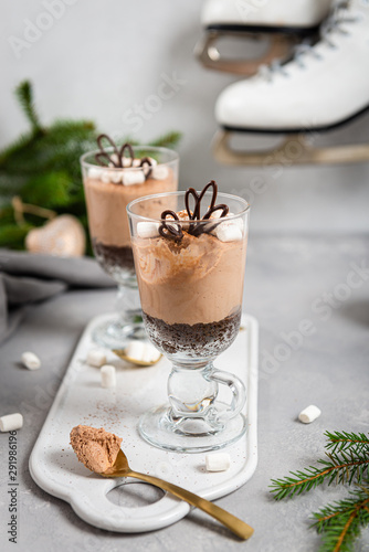 Homemade chocolate mousse dessert with marshmallows in glasses on grey background. Cheesecake in nice portion glasses. Winter dessert recipe. Close up