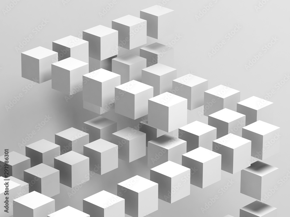 White flying cubes installation. Abstract 3 d White flying cubes installation. Abstract 3 d