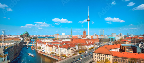 Panoramic aerial view of central Berlin on a bright day in Autumn, including river Spree and Alexanderplatz