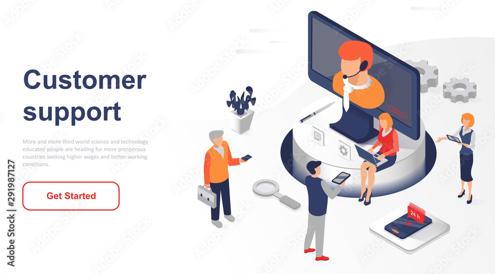 Isometric landing page customer support or service flat concept. Digital user support at any time for website or homepage. Isometric vector illustration template. - obrazy, fototapety, plakaty 