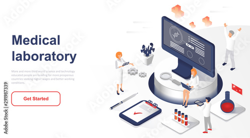 Isometric landing page research laboratory or medicine flat concept. Pharmaceutical or chemical lab for medical research for website or homepage. Isometric vector illustration template. photo