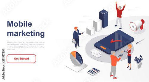 Isometric landing page mobile marketing or advertising flat concept. Internet advertisement and social promotion for website or homepage. Isometric vector illustration template.