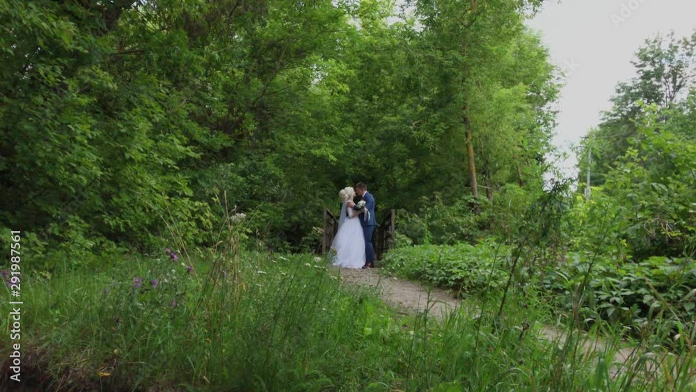 Beautiful bride and groom on an old iron bridge in the forest. Groom caresses his beloved. Beautiful bride and groom on an old iron bridge in the forest. Groom caresses his beloved.
