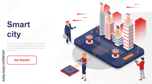 Isometric landing page smart city or intelligent flat concept. Building automation with computer networking for website or homepage. Isometric vector illustration template.