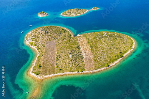 Beautiful heart shaped island of Galesnjak near Zadar in Dalmatia, Croatia, aerial view from drone