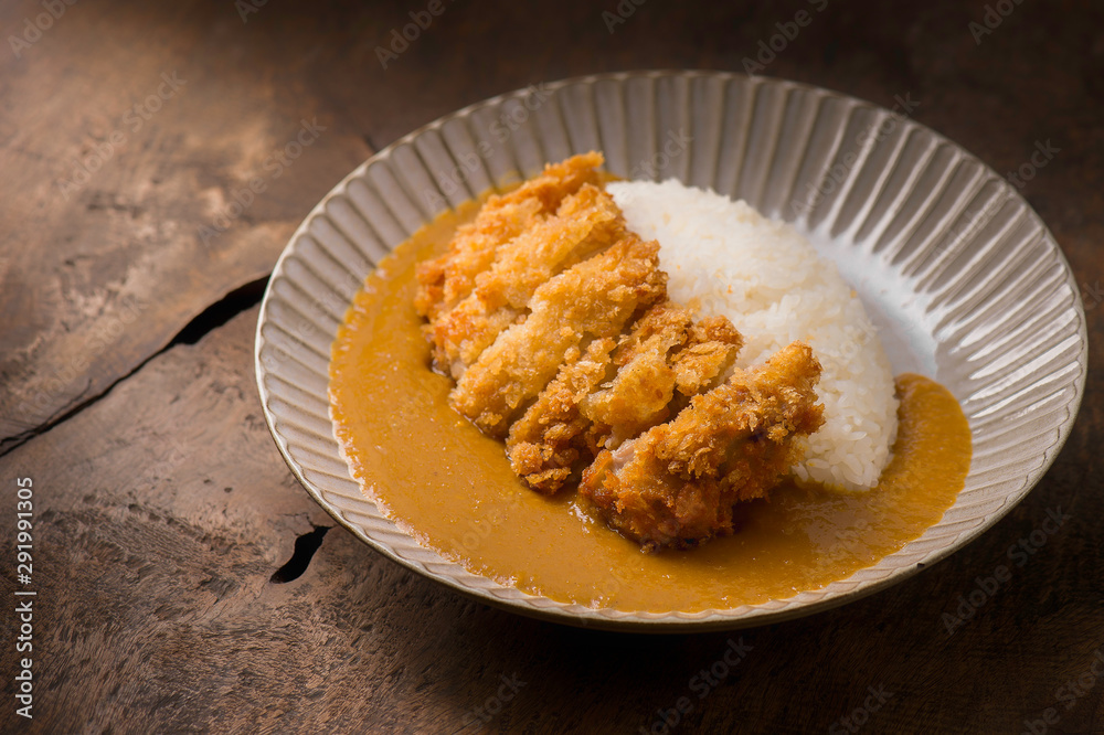 Japanese Cuisine. Fried Chicken Curry On The Background in lighting studio Japanese Cuisine. Fried Chicken Curry On The Background in lighting studio