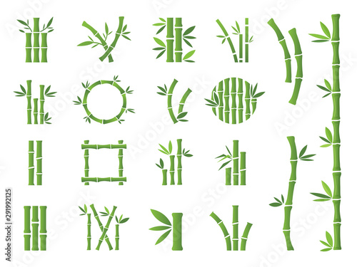 Fototapeta Naklejka Na Ścianę i Meble -  Green Bamboo stalks and leaves vector icons.