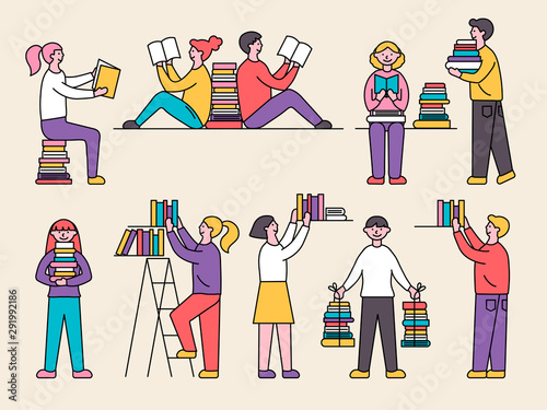 Collection of people reading or students studying and preparing for examination
