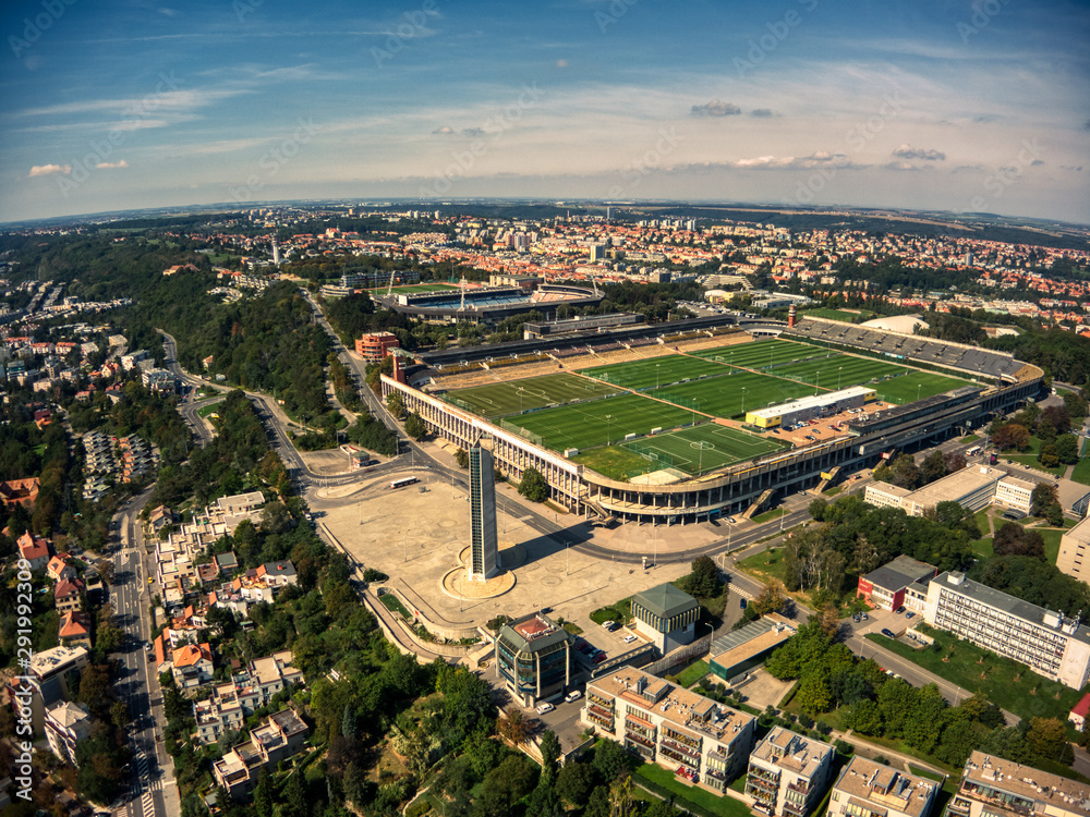 aerial view of Strahov Stadium in Prague during summer time