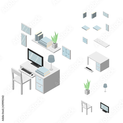 Set of Working table furniture. Chair, table, computer, keyboard, frame, books, shelf and plant. Isometric Drawing Vector.