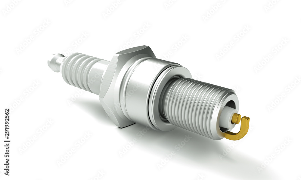Spare parts spark plugs on white background for car and motorcycle. New auto parts spark plug. 3D render Spare parts spark plugs on white background for car and motorcycle. New auto parts spark plug. 3D render