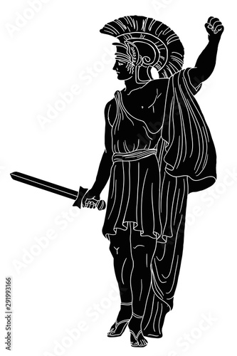 An ancient Greek warrior in a helmet with a sword in his hand goes holding his hand up. Vector illustration isolated on white background.