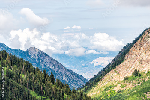 Albion Basin, Utah summer high angle view of Cottonwood Canyon valley from Alta and clouds