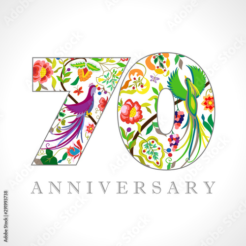 70 years old logotype. 70 th anniversary numbers. Decorative symbol. Age congrats with peacock birds. Isolated abstract graphic design template. Royal colorful digits. Up to 70% percent off discount.