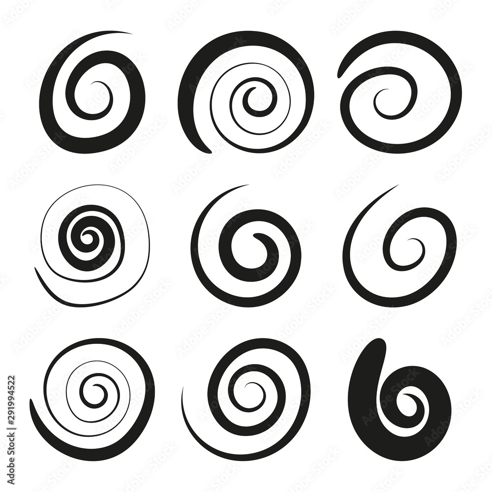 Set of black spiral and swirl motion elements. Swirling vector icons Set of black spiral and swirl motion elements. Swirling vector icons