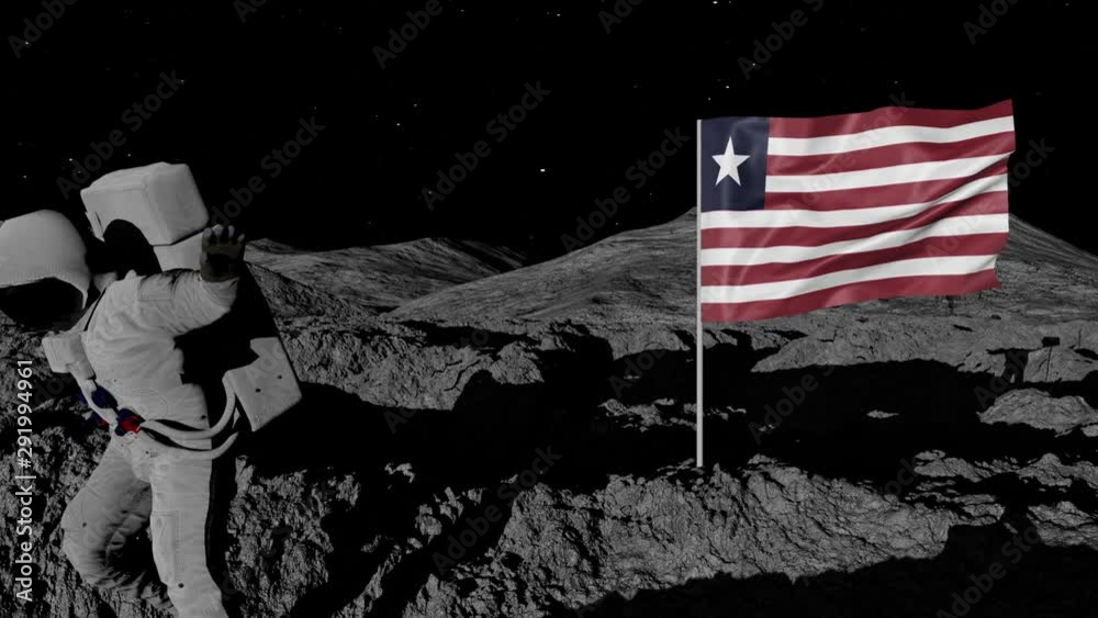 astronaut planting Liberia flag on the moon.