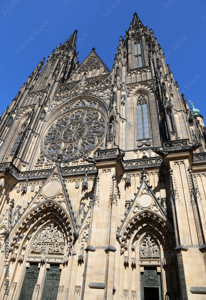 facade of huge Saint Vitus Cathedral in Prague in Czech Republic
