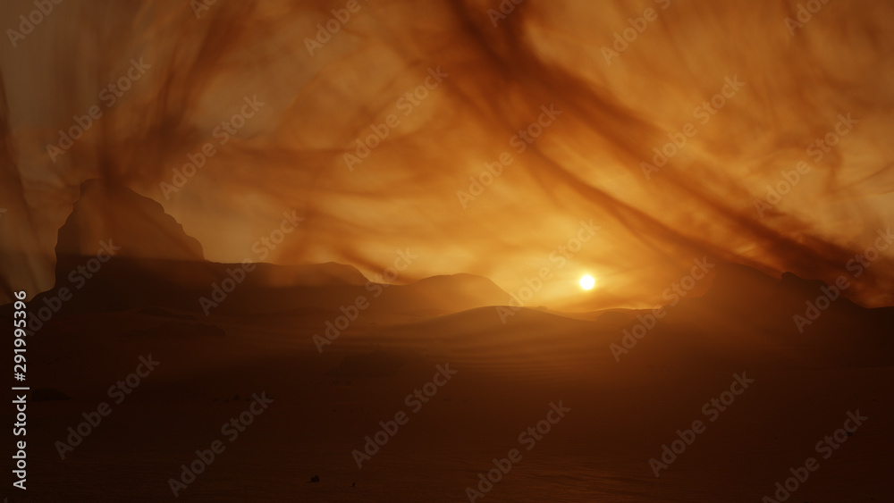 mars sunset sunrise during dust storm, dust clouds rise in the windy