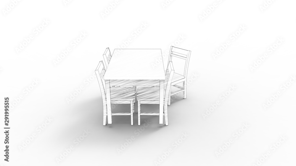 3d rendering of a white table and chairs isolated in white studio background 3d rendering of a white table and chairs isolated in white studio background