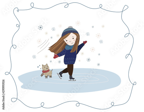 A cute girl skates with her beloved pet.