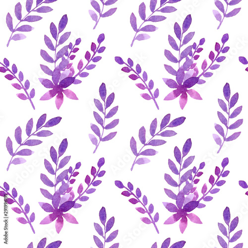Seamless pattern with lilac leaves and flowers, watercolor hand-drawn pattern