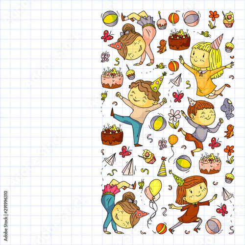 Wallpaper Mural Vector illustration in cartoon style, active company of playful preschool kids jumping, at a party, birthday. Drawing on squared notebook. Torontodigital.ca