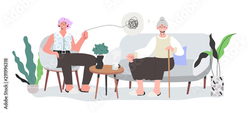 An elderly woman with Alzheimer’s disease in doctor office with mental specialist talking about her memory, thinking and behavior problems. Because of her dementia she is disoriented and confused.