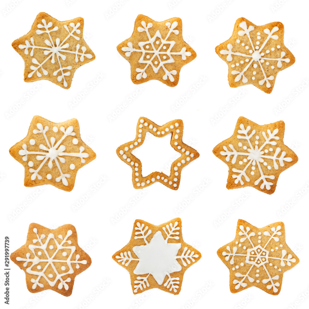 Set of Christmas gingerbread cookies in the shape of snowflakes Set of Christmas gingerbread cookies in the shape of snowflakes