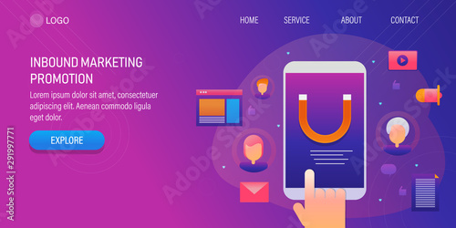 Engaging audience via mobile content, magnet showing on phone screen, inbound marketing strategy concept. Web banner template, presentation, internet business technology.