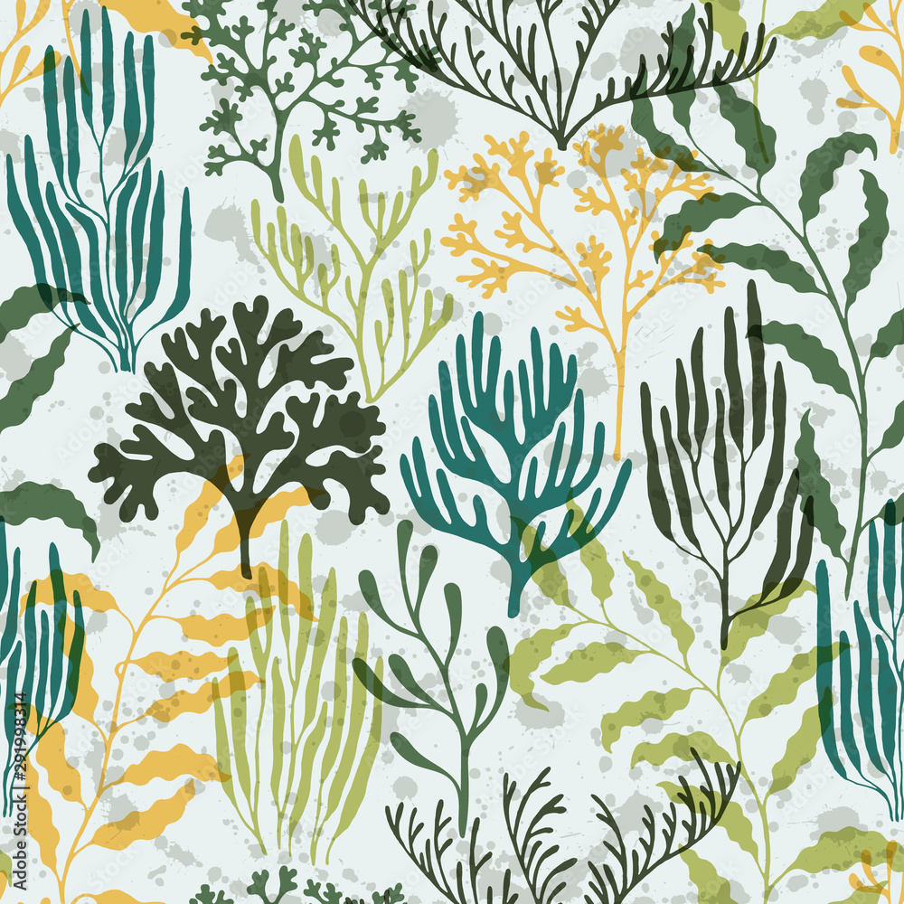 Coral polyps seamless pattern., Tropical coral reef branch silhouette elements. Coral polyps seamless pattern., Tropical coral reef branch silhouette elements.