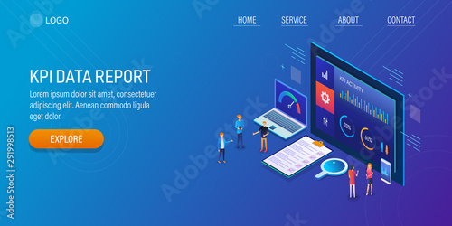 Kpi data report, measure marketing campaign, kpi metric analysis, business roi indicator, 3d isometric concept.