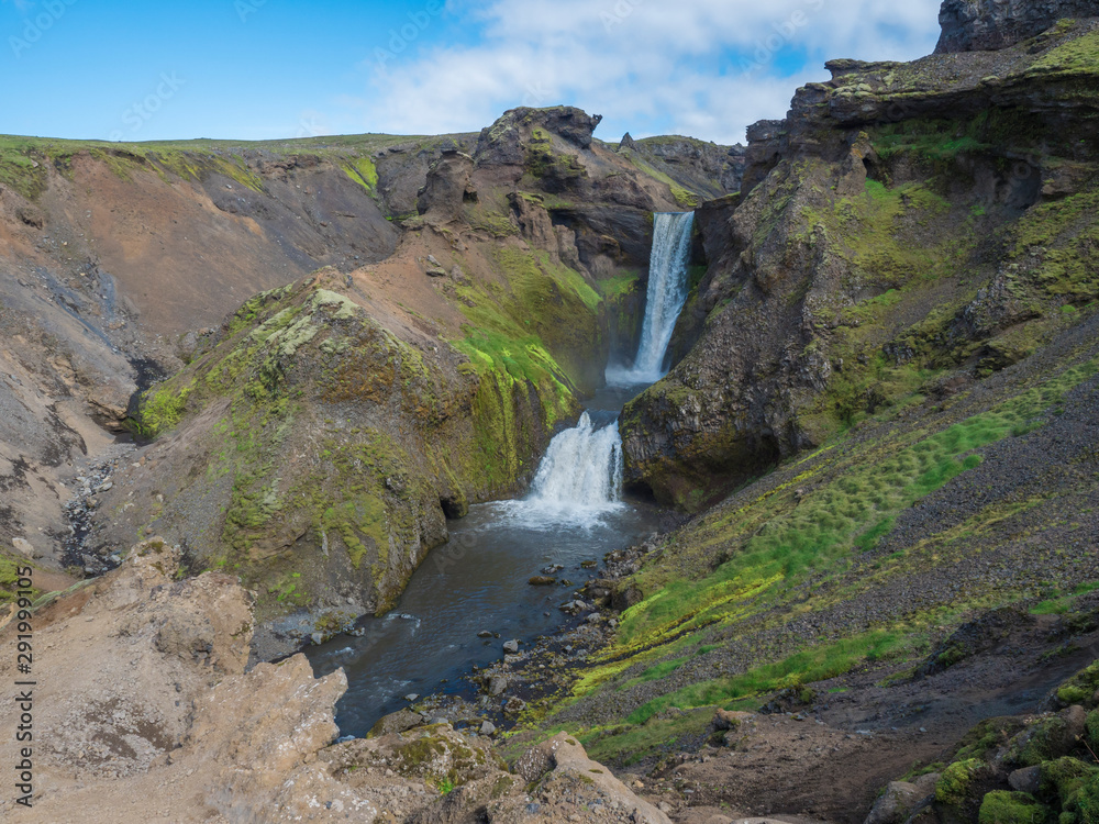 Beautifull waterfall on the Skoga River with no people on famous Fimmvorduhals trail second part of Laugavegur trek. Summer landscape on a sunny day. Amazing in nature. August 2019, South Iceland Beautifull waterfall on the Skoga River with no people on famous Fimmvorduhals trail second part of Laugavegur trek. Summer landscape on a sunny day. Amazing in nature. August 2019, South Iceland