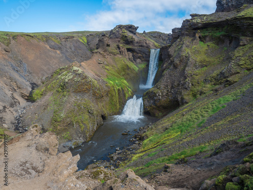 Beautifull waterfall on the Skoga River with no people on famous Fimmvorduhals trail second part of Laugavegur trek. Summer landscape on a sunny day. Amazing in nature. August 2019, South Iceland