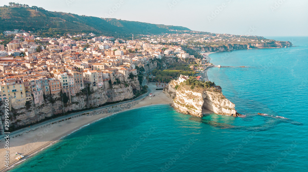Drone view of the Italian town of Tropea in Calabria. Aerial View of the coastline, city and the Santa Maria dell Isola Monastery